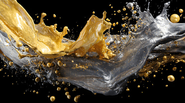 Gold paint splash silver paint splash metallic liquid motion abstract fluid art energetic metallic splash with droplets