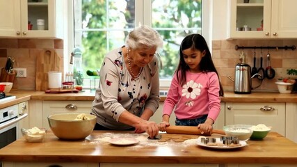 Grandmother and granddaughter baking cookies together in a cozy kitchen. - Powered by Adobe