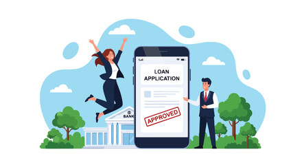 Modern flat vector illustration of a customer submitting a digital loan form with approval stamp and financial icons. Ideal for banking apps, fintech guides, and loan service promotions