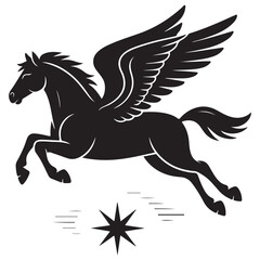 Black Silhouette Vector of Leaping Winged Horse with Star and Lines