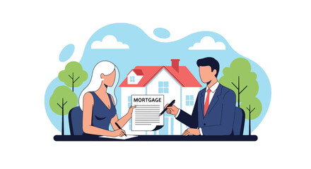 Flat vector couple signing mortgage loan documents with banker beside house icon and contract sheet. Ideal for real estate ads, mortgage services, housing finance, and property lending