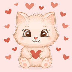 Cute cartoon Cat with hearts. Vector illustration of animal on pink background with hearts.