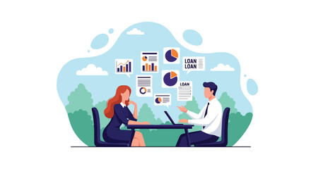 Flat vector client discussing personal loan options with financial advisor, charts floating around. Ideal for banking brochures, loan guides, and financial consultation services