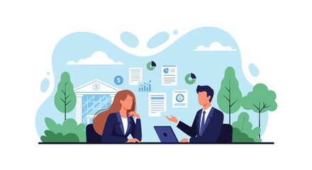 Flat vector client discussing personal loan options with financial advisor, charts floating around. Ideal for banking brochures, loan guides, and financial consultation services