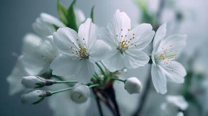 Delicate white cherry blossoms on a branch with soft green leaves against a blurred background, showcasing nature's beauty in springtime bloom