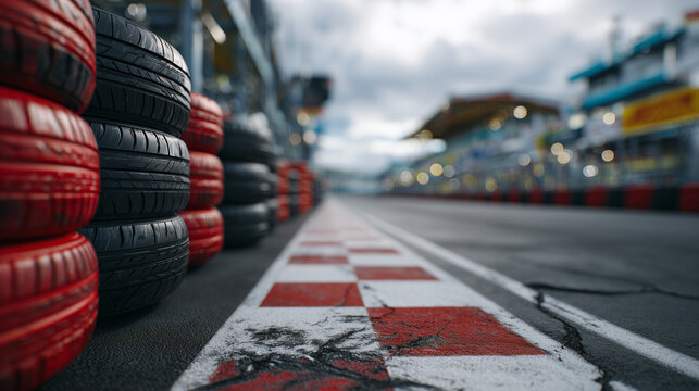 Rows of tightly compressed red and black tires set along the boundary of a motorsport facility, cloudy sky reflecting on rubber surfaces, worn asphalt foreground adding authenticit