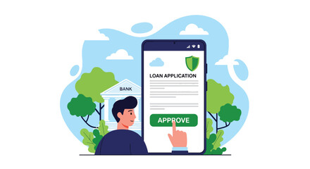 Flat vector customer applying for loan through mobile app with security shield and digital form. Ideal for fintech apps, mobile banking ads, and online lending service promotions