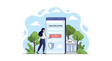 Flat vector customer applying for loan through mobile app with security shield and digital form. Ideal for fintech apps, mobile banking ads, and online lending service promotions