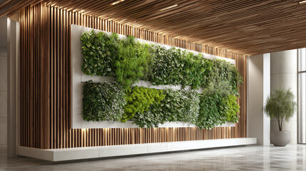 A vibrant green wall of plants in a modern interior setting, bringing nature indoors