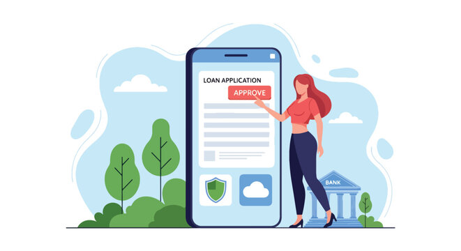 Flat vector customer applying for loan through mobile app with security shield and digital form. Ideal for fintech apps, mobile banking ads, and online lending service promotions