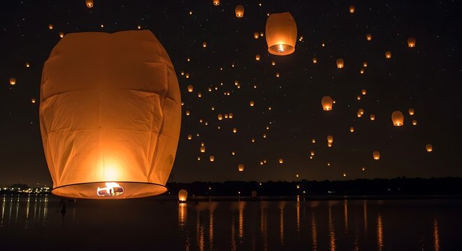 Sky lanterns glowing warmly over a tranquil lake at night creating a magical atmosphere for celebrations and cultural events with a dark starry sky above