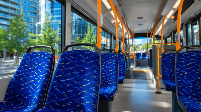 Forward interior scene of a completely empty public bus, polished floor leading to the front, blue geometric seat patterns vivid and clean, bright orange poles stretching overhead,