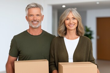 Smiling couple with gray hair, holding cardboard boxes in a bright indoor space, showcasing a joyful moment of moving or receiving packages together