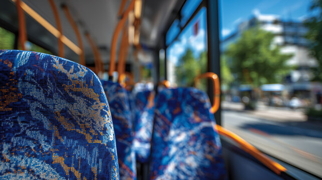 Forward view of a silent public bus with no passengers, blue seats with intricate patterns still untouched, orange rails guiding the composition, glimpses of cars, buildings, and r