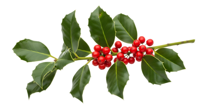 A sprig of holly with bright red berries and green leaves isolated on a transparent background for christmas