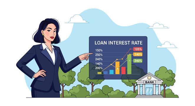 Flat vector customer analyzing interest rates across loan types using percentage charts. Ideal for finance blogs, rate comparison tools, and banking product explanations