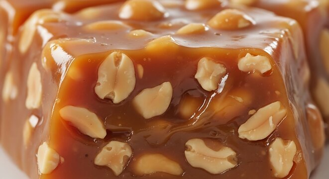 Macro detail of P de Moa (caramelpeanut candy) texture. Glossy chewy appearance.