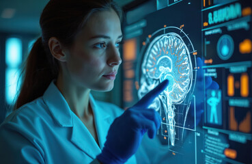Female scientist examines brain CT scan on touch screen. She analyzes medical data in a modern laboratory setting. Advanced technology aids neurological research and diagnostics.