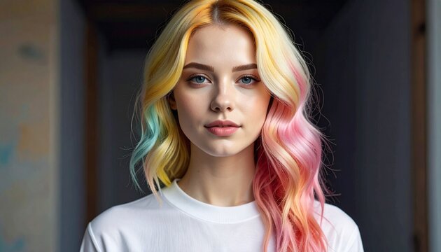 Portrait of young woman with colorful hair, soft dramatic lighting - Powered by Adobe