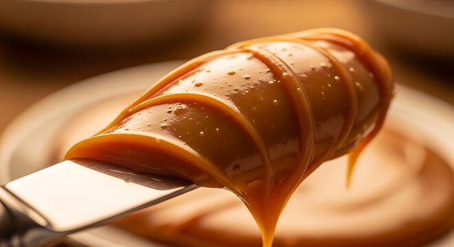 Macro shot of Doce de Leite (milk caramel) texture spread on a knife. Warm soft light.