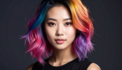Fototapeta premium Portrait of young woman with colorful hair, soft dramatic lighting