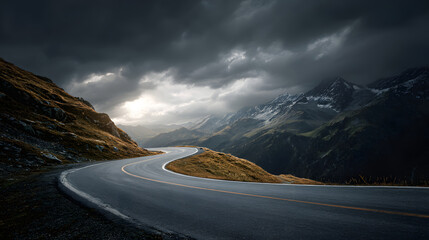 Winding mountain road leading upward through dramatic stormy sky with distant snowy peaks and moody light