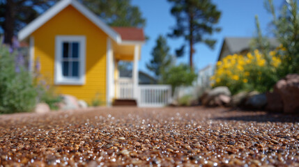 Detailed close-up of new resin driveway surface, tiny aggregate stones shimmering, yellow home with red roof framed in soft focus, creating a clean exterior renovation aesthetic