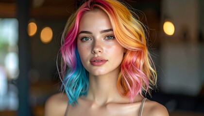 Portrait of young woman with colorful hair, soft dramatic lighting