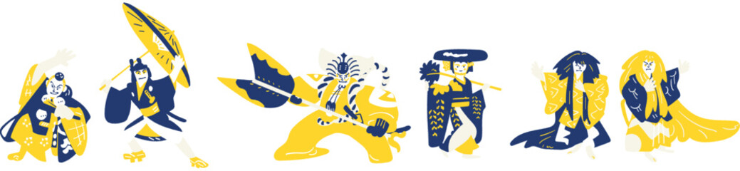 見栄を切る歌舞伎の花形演目　日本の芸能舞台の役者たち　インバウンド向けイラスト素材
