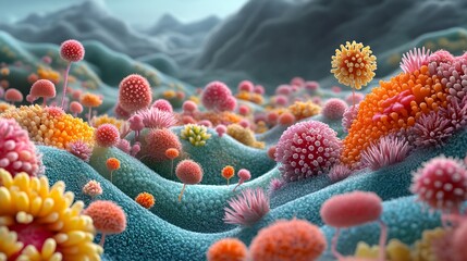 Obraz premium A vivid, microscopic landscape teeming with colorful, spherical structures resembling cells or organisms, creating an intriguing and abstract representation of biological processes and vitality.