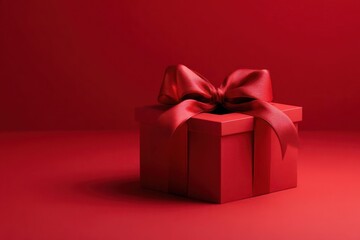 A single red gift box with a satin ribbon bow sits on a vibrant red surface with a warm red background