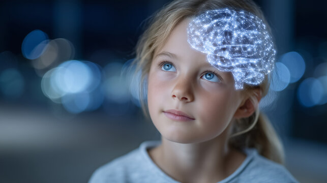 Young girl gazes upward with curiosity as a glowing holographic brain overlay hovers around her head, vibrant neural pathways pulsing with light, symbolizing learning and expanding