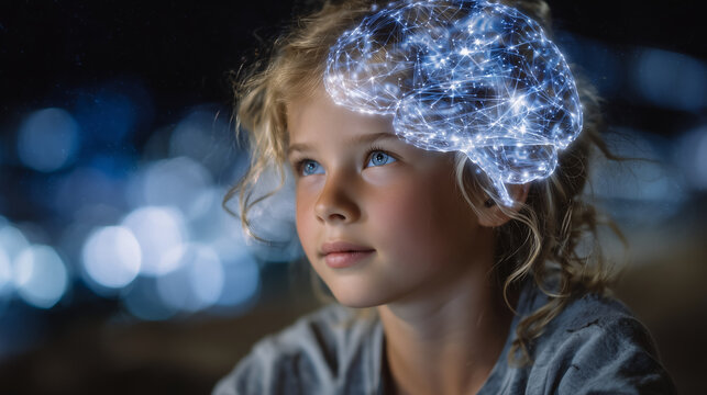 Young girl in a bright learning space with a luminous brain hologram floating around her profile, detailed synapses lighting up like constellations, reflecting developing intellige