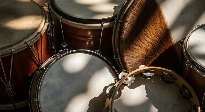 Close up shot of assorted percussion instruments including drums and a tambourine set