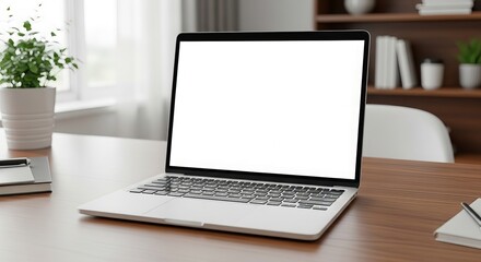 Fototapeta premium Laptop with a blank white screen on a wooden desk in a bright office setting perfect for showcasing websites or applications with a clean and professional look