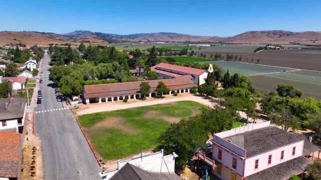 Mission San Juan Bautista aerial view at 406 2nd Street in historic town center of San Juan Bautista, San Benito County, California CA, USA. 