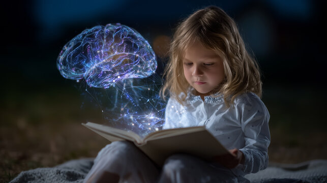 Girl reading a science book while a glowing brain hologram hovers beside her, vivid neuron paths animated with luminous color, symbolizing discovery and intellectual growth