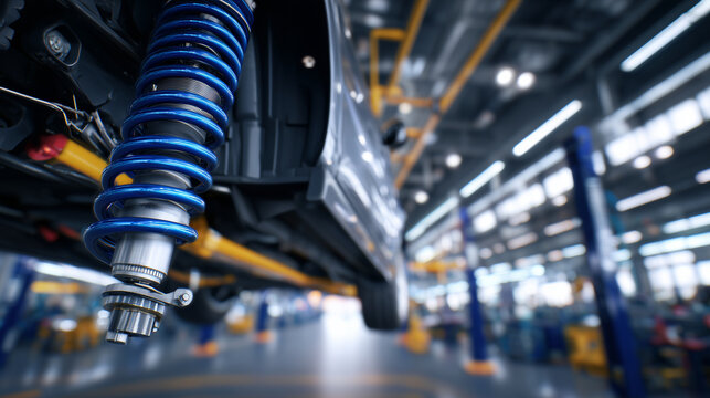 Detailed macro shot of a vehicleâs suspension assembly, with springs, stabilizer bars, and wheel hub illuminated by overhead workshop lights while a technician performs precision m