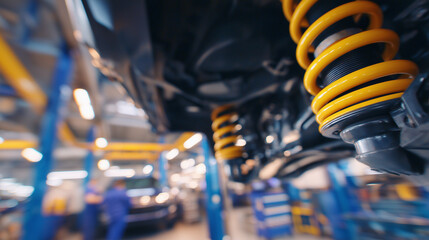 Detailed macro shot of a vehicleâs suspension assembly, with springs, stabilizer bars, and wheel hub illuminated by overhead workshop lights while a technician performs precision m