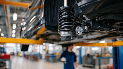Close-up view of a modern car suspension system lifted on a hydraulic platform, showcasing polished shock absorbers, control arms, and differential components as an auto mechanic i