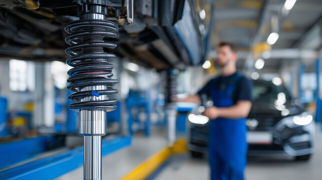 Close-up view of a modern car suspension system lifted on a hydraulic platform, showcasing polished shock absorbers, control arms, and differential components as an auto mechanic i - Powered by Adobe