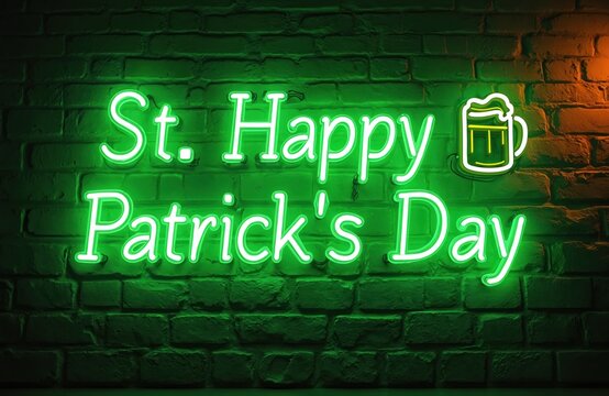 Green neon light sign with St. Happy Patrick Day text, beer mug icon illuminates dark brick wall. Bright glowing decorative sign creates festive mood for Irish March holiday celebration, perfect for