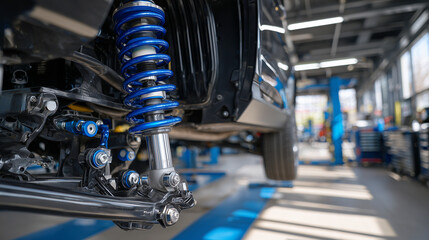 Close-up mechanical shot of rear suspension system with coilovers, differential mountings, and polished metal joints, surrounded by the pristine environment of a high-end auto work