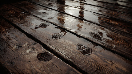 A weathered wooden deck with water drops reflecting light. The deck shows signs of wear and tear, and the water adds a sense of texture and depth to the scene