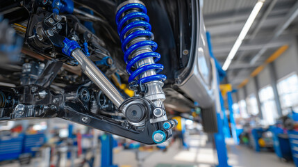 Close-up mechanical shot of rear suspension system with coilovers, differential mountings, and polished metal joints, surrounded by the pristine environment of a high-end auto work