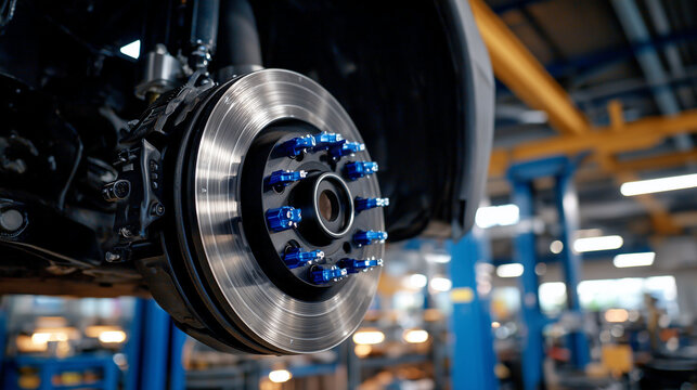 High-detail view of wheel hub, disc brakes, and suspension joints, capturing precision engineering as a mechanic tightens bolts in a modern service bay