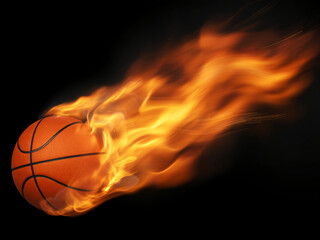 Fiery basketball soaring through darkness, embodying speed, energy, and competitive spirit for sports, advertising, and dynamic visuals