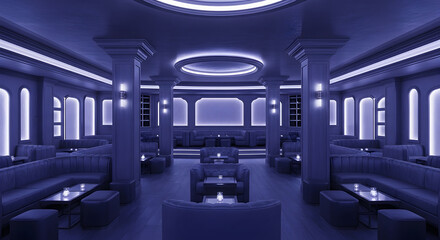 Elegant lounge interior with blue lighting and comfortable seating for social events