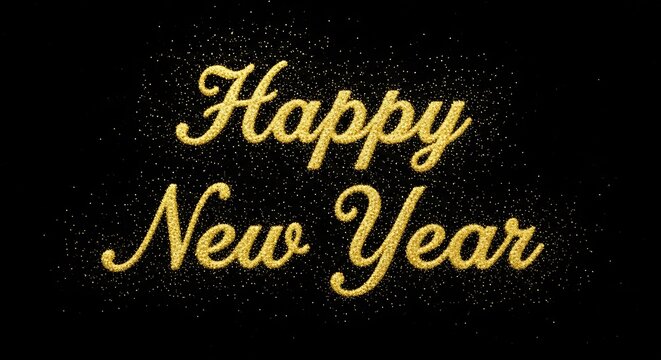 Golden happy new year wishes glittering on a black background creating a festive and celebratory mood for seasonal greetings and holiday promotions