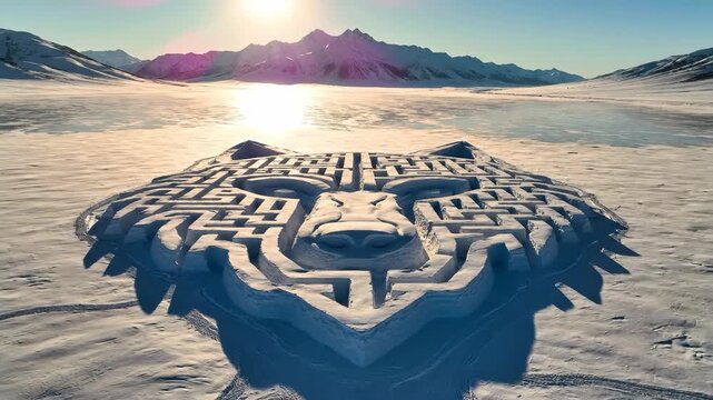 Geometric snow sculpture of wolf head in artistic style, white and warm-toned, representing creativity and winter celebration against mountain backdrop